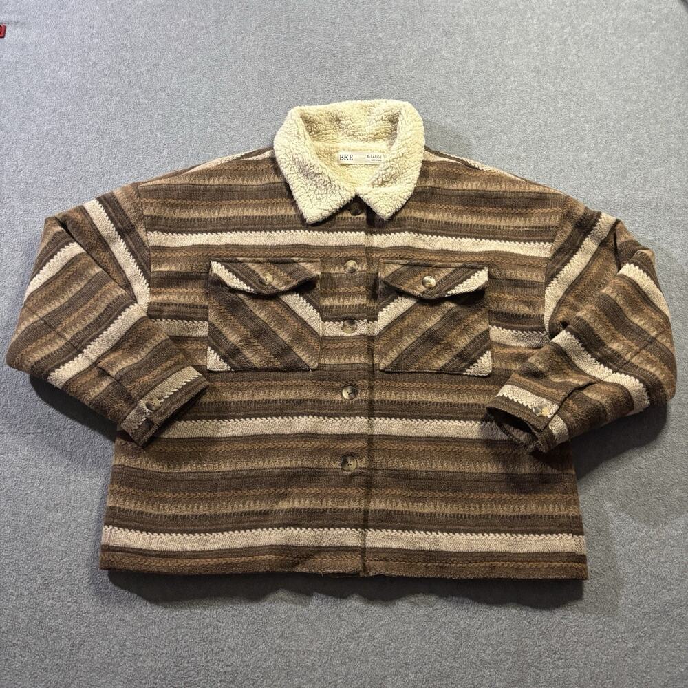 BKE Wool Blend Striped Sherpa Collar Cropped Shacket Jacket Women XL Aztec‎